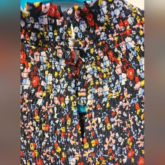 Nanette Lepore Blue Red Yellow Floral Ruffle Smocked Mock-Neck Shift Dress | 10 - Picture 9 of 12